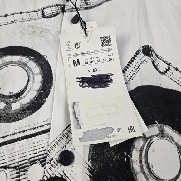 NWT Zara Men's White Shirt with Black Cassette Print Size M - Picture 4 of 11